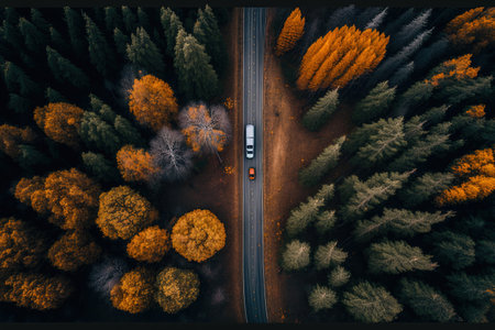 Drone aerial footage of a truck traveling down an autumn colored road in the middle of a woodland on a gloomy overcast fall day in Scandinaviaの素材
