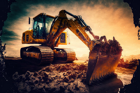 Backhoe digging up earth at building site in close up. Excavator on a demolition site working with a crawler. excavation tool. earth moving machinery. a truck for excavation. construction industryの素材