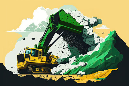 During the course of the earthwork a loader excavator transfers the loose material into a massive yellow dump truck. Concept open mineの素材