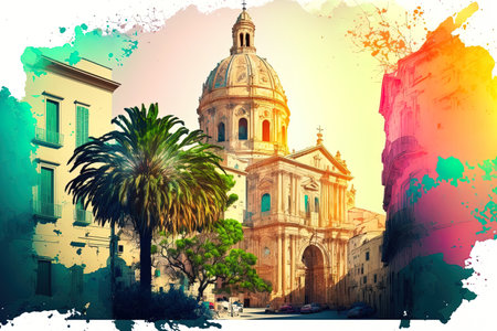 Beautiful springtime Ragusa townscape with the Church Holy Souls in Purgatory. Europe Italy and Sicily in the early morning. Background of the notion of travelの素材