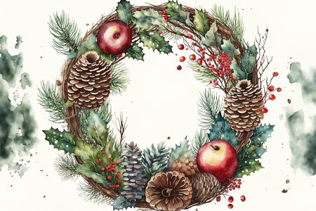 Christmas natural wreath painted in watercolor with fir branches red apples berries pine cones lantern and vintajge botanical circle frame for greeting card isolatedの素材