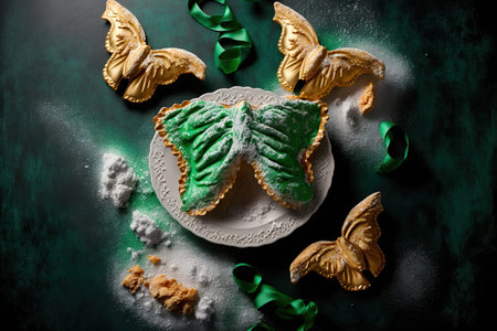 Carnival themed pastries Angel wings a chiacchiere or a sfrappole. immediately above. Traditional deep fried sweet and crunchy dish with powdered sugar topping. serpentine paper a table in dark greeの素材
