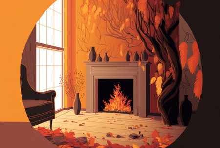 Branches of a tree autumn leaves in the colors of orange yellow and red and a scene from interior design. Concept for a natural ecosystem. Illustration of a fireplace in an autumnal themed livingの素材