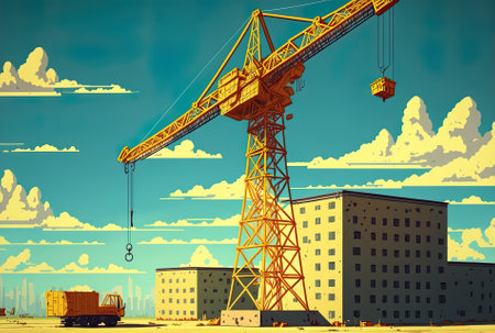 Construction cranes are in use on a construction site against a background of blue skies. This image depicts an industrial crane in use during the construction of apartment complexes and the rehabilitの素材