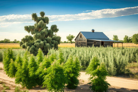 Close by farm with medical and recreational marijuana and cannabis plants. Cannabis of the Sativa variety has higher concentrations of the psychoactive cannabinoid TH than do plants of the indica variの素材