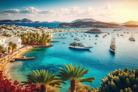 Bodrum Turkey is known for its unique scenery iconic landmarks and beautiful tropical sea bay with palm trees and a turquoise lagoon on the Aegean Seaの素材