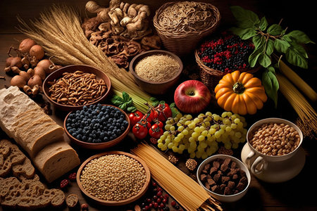 Foods rich in fiber include fruit vegetables whole wheat bread pasta nuts legumes grains and cereals for a balanced diet. high in vitamins omega 3 fatty acids anthocyanins and antioxidantsの素材
