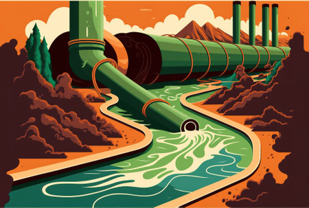 Industrial waste exiting the pipe. Waste chemicals. cartoonishly flat environmental and ecological pollution. modern issue. green river streamの素材