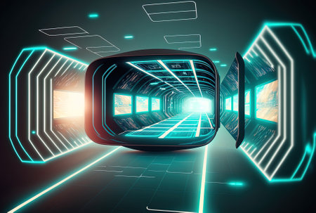 Concept of virtual reality and cyberspace with an abstract technical background and data storage visualization in an abstract hallの素材