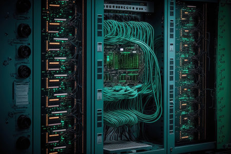 Computers in a network server room connected to the internet and used for digital communications abstract data ideaの素材