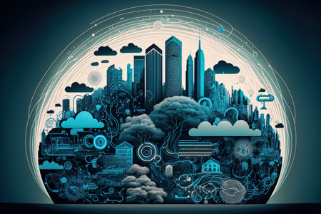 Internet of Things concept abstract in two tones with a smart city smart grid sensor network and environmental monitoringの素材