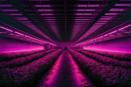 LED lighting in an industrial greenhouse is purple. indoor hydroponic veggie plant factory Farm for green saladの素材
