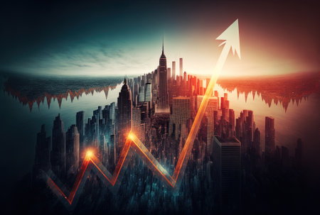 Forex and investment concept with many exposures of an abstract virtual financial graph and an ascending arrow against the backdrop of New York Cityの素材