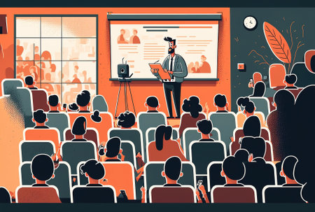 Illustration of a conference or business seminar. training programs for career development for employees. cartoon representations of entrepreneurs who attend business coaching and lecturesの素材