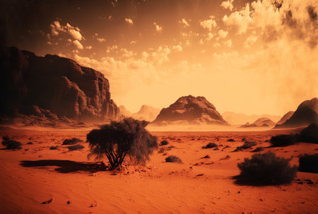 Middle Eastern Wadi Rum Desert Valley of the Moon orange sand hazy clouds becoming a World Heritage Site by the UN outdoors scenery and off road activities in national parks travel historyの素材