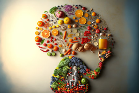 Harmonious and balanced daily diets and mindful eating little person idea. For a balanced and fit body a complete full meal with nutritious fruits and vegetables is shown. Wellness of the mindの素材