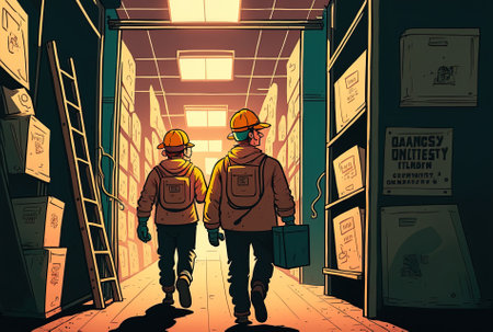 Workers entering the inside of a distribution warehouse while donning hardhats and luminous jackets and entering the storage areaの素材