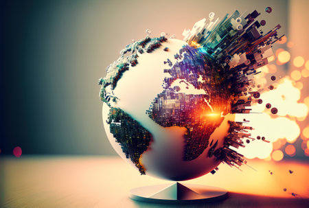 International software development concept abstract creative code artwork with globe map and contemporary desktop as background. multiexposureの素材