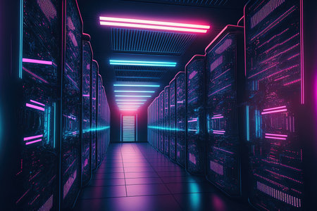 Picture of a data center with many rows of active server racks. Concept of Supercomputer Technology Artificial Intelligence and Modern Telecommunications Darkly lit with neon blue and pink lightsの素材