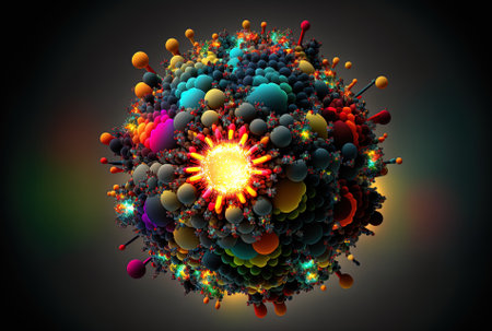 Sun decorating spheric cluster with several colors. With distributed sun pieces a raster spheric cluster bang was completed. Multicolored Abstract raster imagesの素材