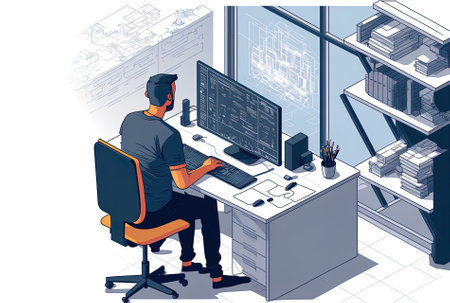 Over the shoulder view of an engineer using desktop CAD software while working on building blueprints. designer working long hours developing and researching utilizing architectural plans of structuの素材