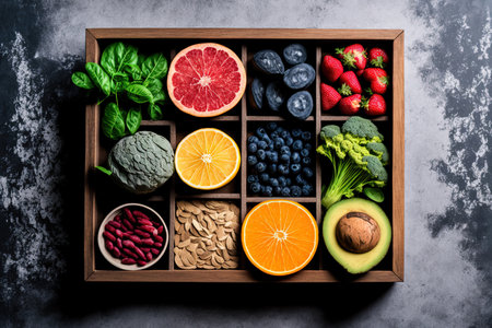 On a backdrop of gray concrete a collection of clean eating foods in a wooden box includes fruit vegetables seeds superfoods cereals and leafy greensの素材