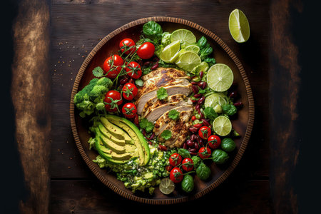 On a wooden background the top view of a healthy salad plate contains quinoa cherry tomatoes chicken avocado lime mixed greens lettuce and parsley. food and wellbeing. Superfood supperの素材
