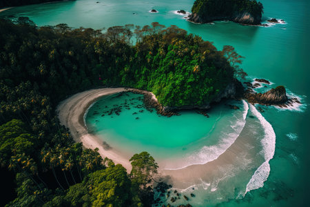 The most well known National Park and Wildlife Sanctuary in Costa Rica is Manuel Antonio which has an aerial drone view of the beachの素材