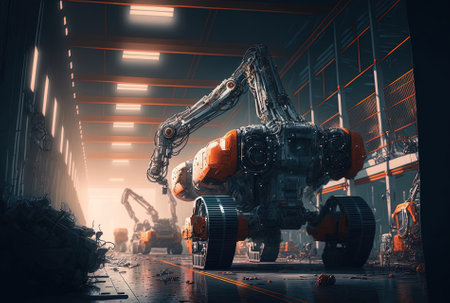 Long format photography of an automobile vehicle plant banner shows robotic machinery collecting autos from the manufacturing lineの素材