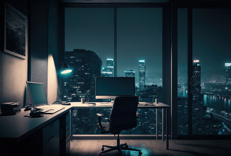 Office space with a cement floor glass walls table chair blank computer screen and a nighttime city view. combined mediaの素材