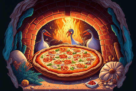 In a hearth oven fresh delectable pizza is baked with seafood like mussels and prawns. Mediterranean foodの素材