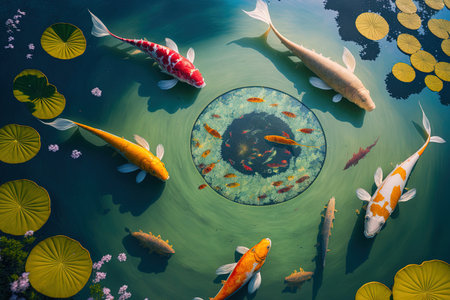View of an artificial pond from above Koi fish swim in pristine artificial ponds against stunning backgrounds while colorful ornamental fish float thereの素材