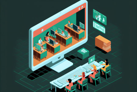 Online education design idea showing a professor at a blackboard on a large computer screen and little students seated at desks using an isometric keyboardの素材