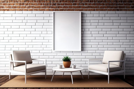 Interior of a contemporary living room with a chair coffee table and copy space against a brick wall. concept of comfort and home. a mockupの素材