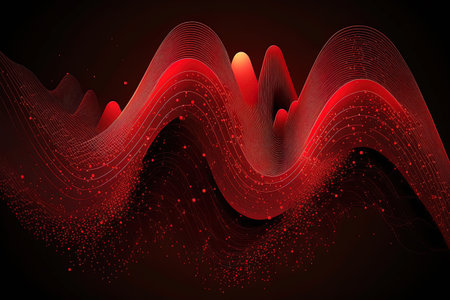 Red wave visualization for big data. Information design with a futuristic look. complexity of visual data. sophisticated analytics for business charts. Abstract data graph representing a social networの素材