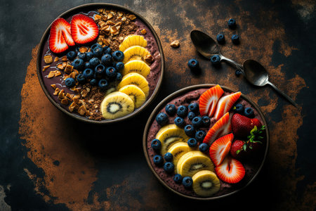 On a backdrop of gray concrete there are two acai smoothie bowls with strawberries bananas blueberries kiwi fruit and granola. Breakfast dish with cereal and fruit up close and in the center nuの素材