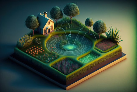 System for automatically watering gardens using a variety of sprinklers buried under grass. At dusk and in the evening intelligent autonomous sprayers are used to water a landscape with hills of lawnの素材