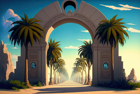 On a deserted city street lined with palm palms a stone space gate gateway leads to other worlds and the cosmosの素材