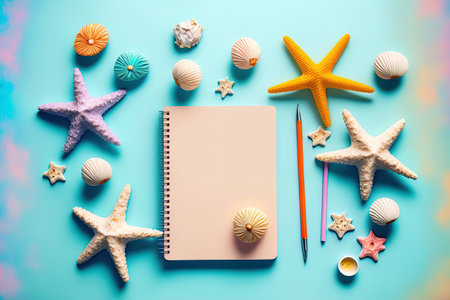 With copy space for writing this summertime idea flat lay composition features lovely starfish and seashells on a colorful table topの素材