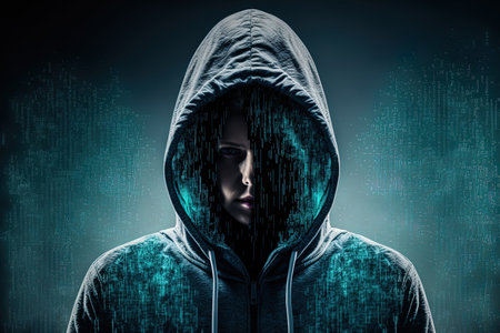 anonymous access and face recognition concept with digital safety system interface and faceless person in hoody double exposureの素材