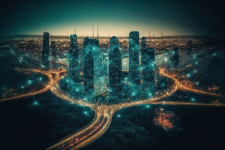 Modern city diorama and wireless sensor network sensor node and connecting line ICT IoT abstract image visualの素材