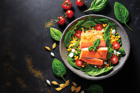 Salmon salad with cherry tomatoes baby spinach mint and basil as well as corn salad. homemade cuisine. Idea for a delectable and nutritious supper. background of dark stone. looking up. Copy spaceの素材