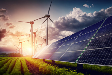 The generation of sustainable green energy using solar energy panel photovoltaic cells and wind turbine farms is a friendly enterprise. Concept of clean sustainable developmentの素材