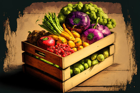 veggies with a range of hues. Fresh vegetable boxes are stacked on top. Vegetables of several varieties in wooden boxes. Crop for agriculture. farm goods. selling of fresh goods. vegetarian cuisineの素材