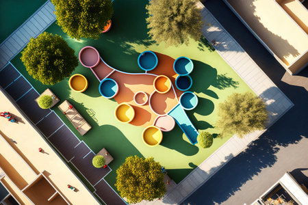 Top view of a deserted brand new playground for kids in a high rise apartment building courtyard on a warm summer dayの素材