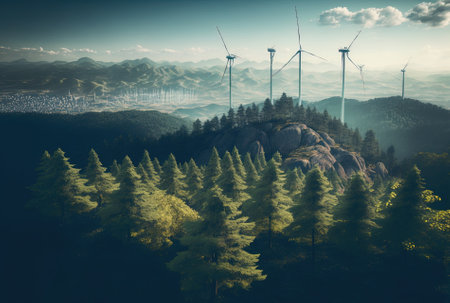 Wind turbines atop a mountain with a city in the distance. In the background there is a lovely green forestの素材