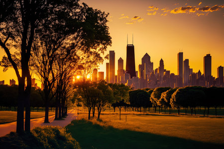 chicago skyline from butler field to financial district skyscrapers at sunset illinois usa parks and gardens the concept of cyber security to protect companies confidential information hologramの素材