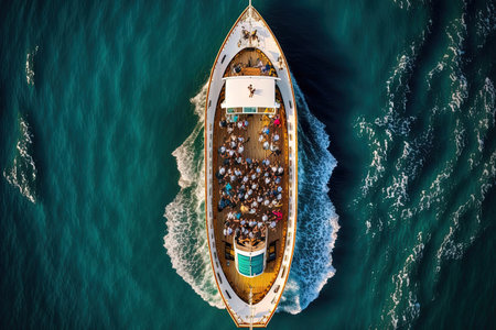 Top view of a boat in the water. aerial picture of a white boat carrying people Top view of people aboard a moving boatの素材