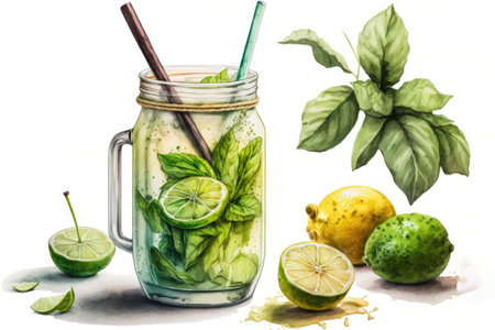 Watercolor illustration of a mojito cocktail complete with mint leaves a lemon slice and drinking straws on a white backdropの素材