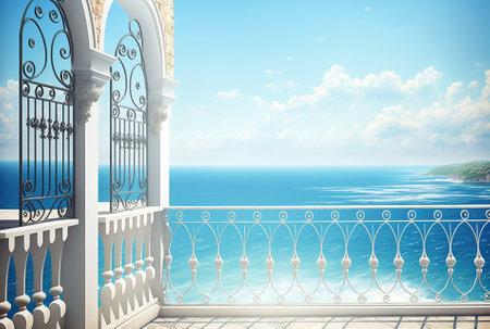 Vacation inspiration summer vista with traditional white railing and empty patio overlooking the Mediterranean Sea. Text space is availableの素材